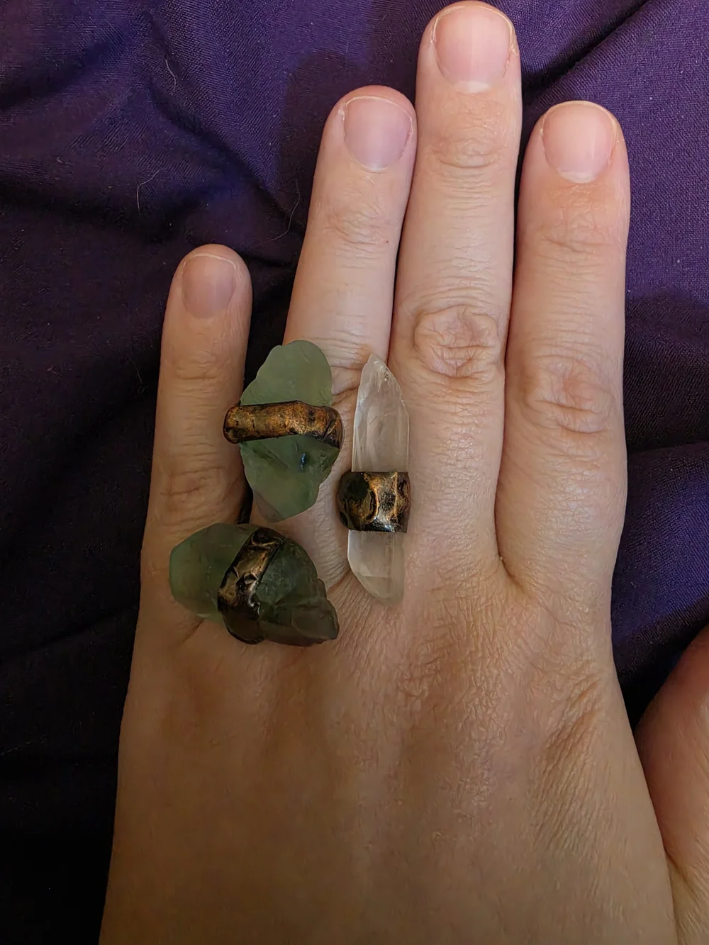 Ajustable Handcrafted Copper Crystal Ring Trio - Green & Clear Stones